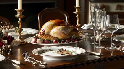 Wall Mural - Thanksgiving dining table with roast turkey and a display of family traditions
