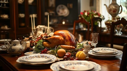 Wall Mural - Thanksgiving dining table with roast turkey and a display of family traditions