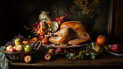 Wall Mural - Thanksgiving dining table with roast turkey and a cornucopia centerpiece
