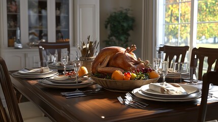 Wall Mural - Thanksgiving dining table with roast turkey and a cornucopia centerpiece
