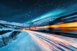 © Images from Dreams - Modern high-speed passenger train traveling through snowy valley at night, illuminated by its interior lights and the aurora borealis in a starry sky