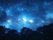 © kang - Night sky with shooting star over dark forest silhouette.