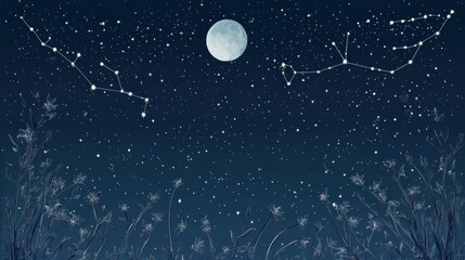 Poster - Starry night sky filled with constellations and a brilliant full moon illuminating the landscape below. Generative AI