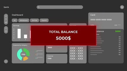 CGI template screen of banking software during hacker attack – loading malware script, transferring money to fraudster account, message in red box popping up upon theft completion