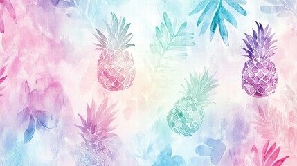 Poster - Vibrant watercolor pineapple pattern with tropical leaves in soft pastel colors for a cheerful decor. Generative AI