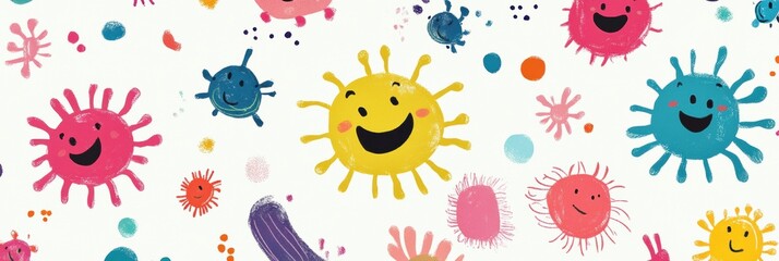 Aufkleber - Cheerful cartoon microbes with bright colors and smiling faces create a fun and lively atmosphere for education and engagement. Generative AI