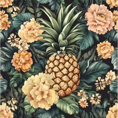 Poster - Tropical seamless pattern features pineapples surrounded by lush flowers and leaves on a dark background. Generative AI