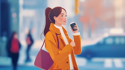 Wall Mural - Woman in Yellow Coat Drinks Coffee Outdoors