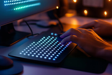 Wall Mural - modern braille display device connected to a computer, with a visually impaired person using it to r