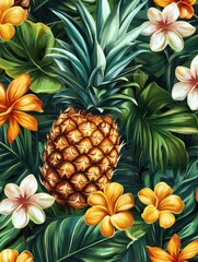 Poster - Vibrant tropical seamless pattern showcasing pineapples among lush green leaves and colorful flowers. Generative AI
