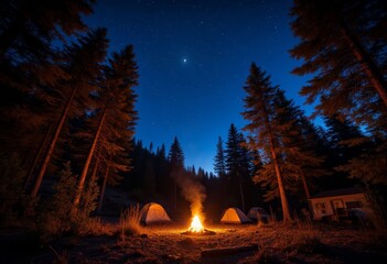Wall Mural - Campfire and tents at night with stars in sky