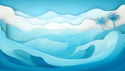 Abstract blue sea and beach summer background with curve paper waves and seacoast 