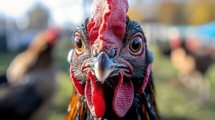 Wall Mural - Close-up portrait of a curious hen with intense gaze, other hens blurred in background.