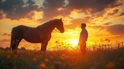 Poster - Man and horse silhouetted against a vibrant sunset in a field of wildflowers.