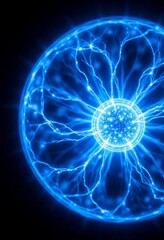 Wall Mural - Glowing blue energy sphere with arcs on black background