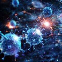 Poster - Viruses invading host cells in a microscopic environment during biological interaction. Generative AI