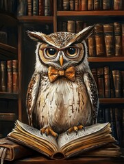 Leinwandbilder - Owl portrait with glasses and bow tie in front of a grand bookshelf full of books. Generative AI