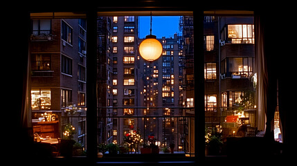 Night view from apartment window showing city lights and balcony.