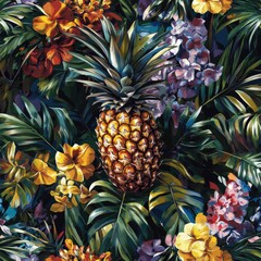 Poster - Tropical seamless pattern design showcasing vibrant pineapples amidst lush foliage and colorful flowers. Generative AI