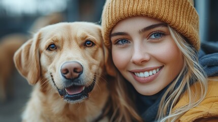 Poster - Happy woman smiling with her golden retriever dog.