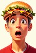 © ngThi - Person wearing burger on head red shirt surprised expression