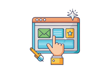 Wall Mural - Playful cartoon web interface design with a pointing hand and interactive elements, great for UI/UX, apps, and technology themes