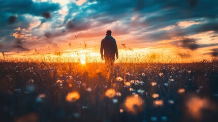 Wall Mural - man silhouetted against sunset in a field of flowers