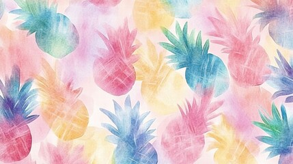 Poster - Vibrant watercolor pineapple pattern with soft hues showcasing tropical charm and playful design elements. Generative AI