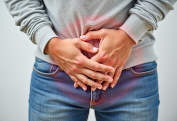 Wall Mural - Men's health concept. Man holding his lower abdomen, suffering from pain or cramping.