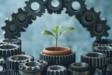 Poster - A small plant sprouts in a pot nestled within interlocking gears, symbolizing growth and innovation within a complex system.