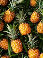 Leinwandbilder - Vibrant tropical seamless pattern featuring ripe pineapples among lush green leaves for summer decor. Generative AI