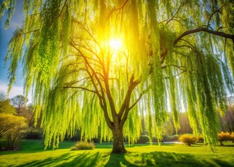 Wall Mural - Weeping Willow Tree with Light Green Leaves in a Serene Garden - Stock Photo