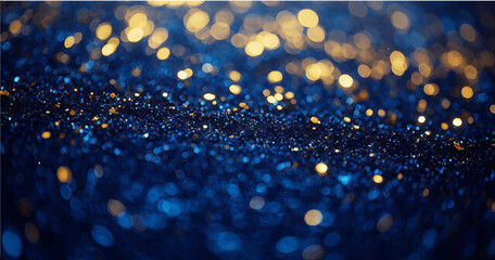 abstract background with Dark blue and gold particle. Christmas Golden light shine particles bokeh on navy blue background. Gold foil texture. Holiday concept.