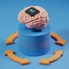 Leinwandbilder - AI chip integrated into a 3D brain model, symbolizing artificial intelligence and cognitive processes.