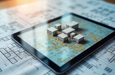 Digital tablet displays imaginary cadastral map. Small buildings models represent land parcels. Architectural blueprints lie nearby. Urban planning project visualized using tech tools. Land register