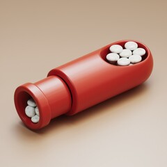 Leinwandbilder - A red cylindrical container filled with small white pills, resembling a capsule or dispenser.