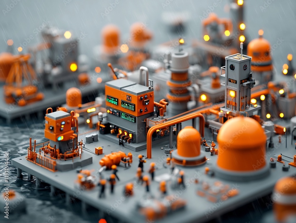 Ilustración de Stock Sprawling offshore oil rig complex extracting and ...