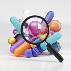 Fototapete - A magnifying glass focuses on a vibrant cluster of colorful abstract 3D shapes.