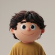 © Vibu design  gallery - A cheerful 3D-rendered cartoon boy with dark curly hair, wearing a mustard yellow shirt.