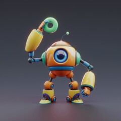 Poster - Playful robot holding a ring, colorful design, cartoonish style.