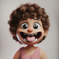 Poster - A cheerful 3D cartoon girl with curly brown hair, a wide smile, and her tongue sticking out.