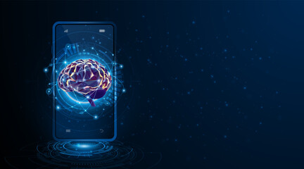 Fototapete - Artificial neural network or artificial intelligence brain floating in front of a smartphone. Digital brain science concepts for future learning. modern technology innovation concept background
