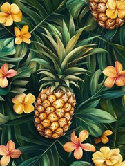Poster - Vibrant tropical seamless pattern featuring pineapples and colorful flowers on dark foliage. Generative AI