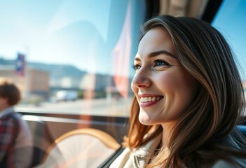 Wall Mural - Portrait of a smiling female passenger on a bus