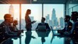 © Maryna - Business people in meeting room. Silhouettes of executives in conference room. Abstract digital lines overlayed on scene. Indoor setting in modern office. City view. Teamwork, innovation key