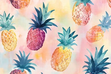 Poster - Colorful watercolor pineapple pattern with vibrant hues and artistic flair for tropical decor. Generative AI