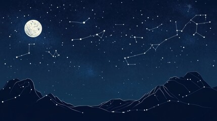 Poster - Starry night sky illuminated by a bright full moon over mountain silhouettes showcasing vibrant constellations. Generative AI