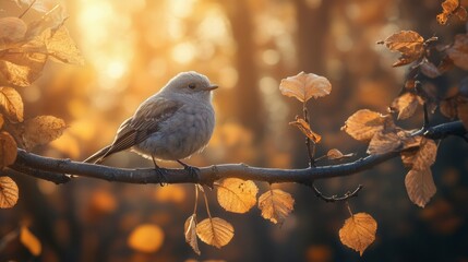 Wall Mural - Small Bird Perched On Branch Autumn Leaves Sunlight