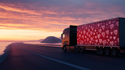 Truck with heart-patterned trailer driving along a coastal highway at sunset. Banner with copy space