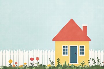 Poster - Cozy garden house with a warm silhouette under a soft blue sky showcasing a vibrant flower garden. Generative AI